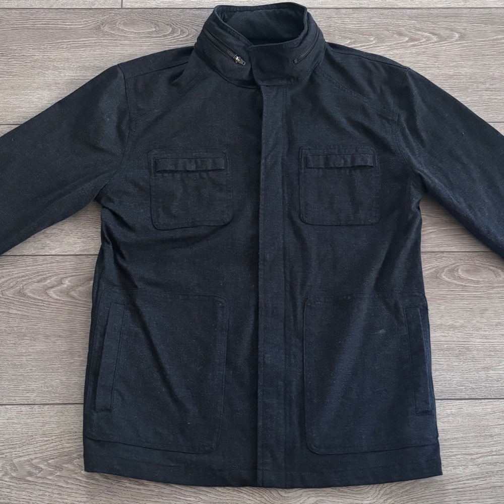 Kane & Unke Field Jacket Mens XL Black Gray Mock Neck Full Zip Utility Coat